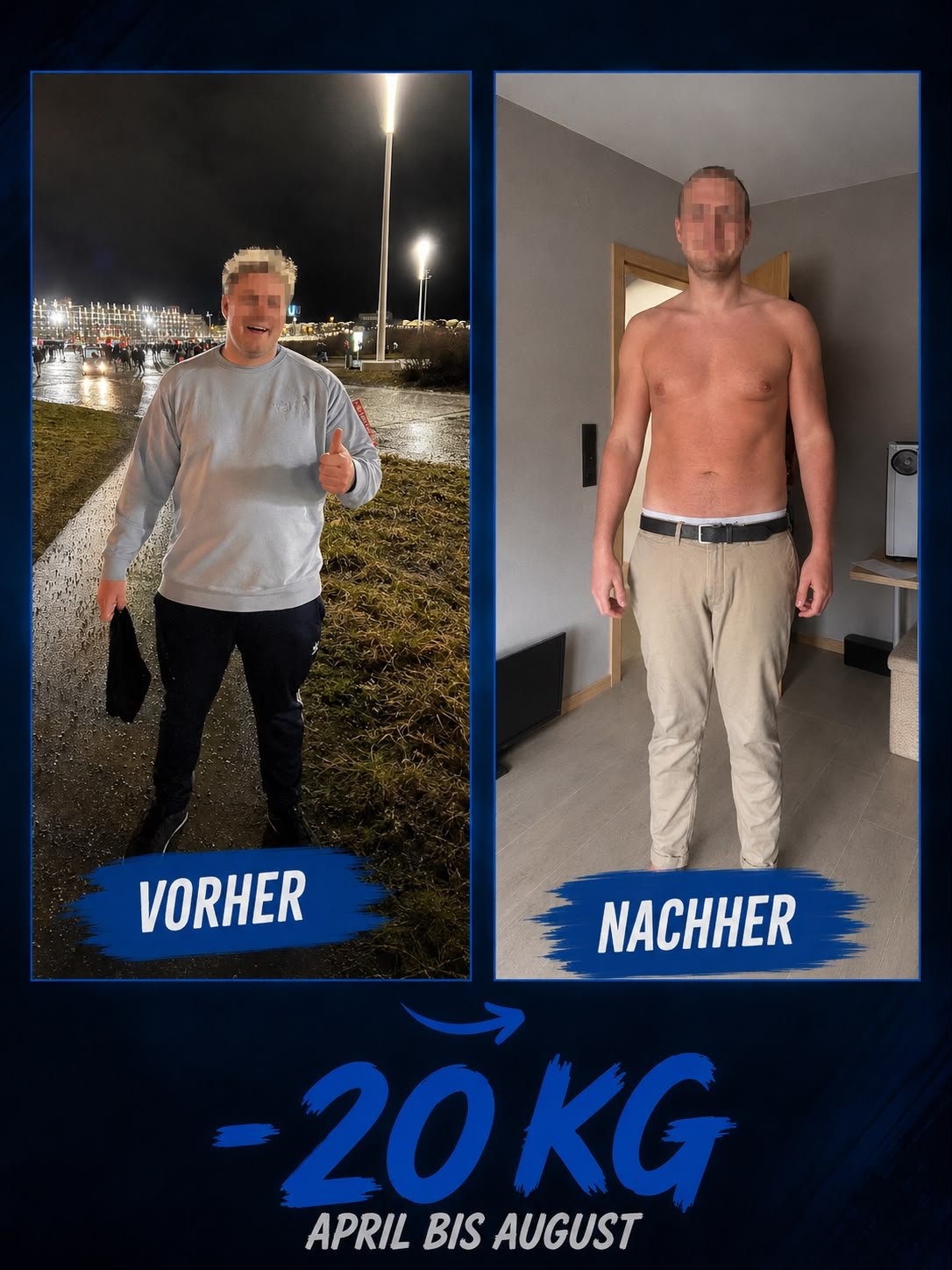 Vorher-Nachher-Vergleich eines Kunden, der in knapp 5 Monaten über 20 Kilogramm abgenommen hat