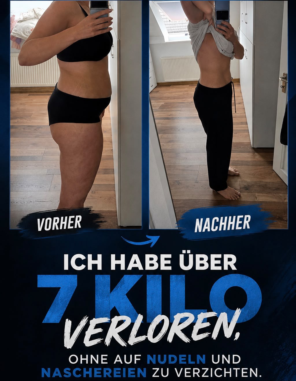 Vorher-Nachher-Vergleich einer Kundin, die in 3 Monaten über 7 Kilogramm abgenommen hat